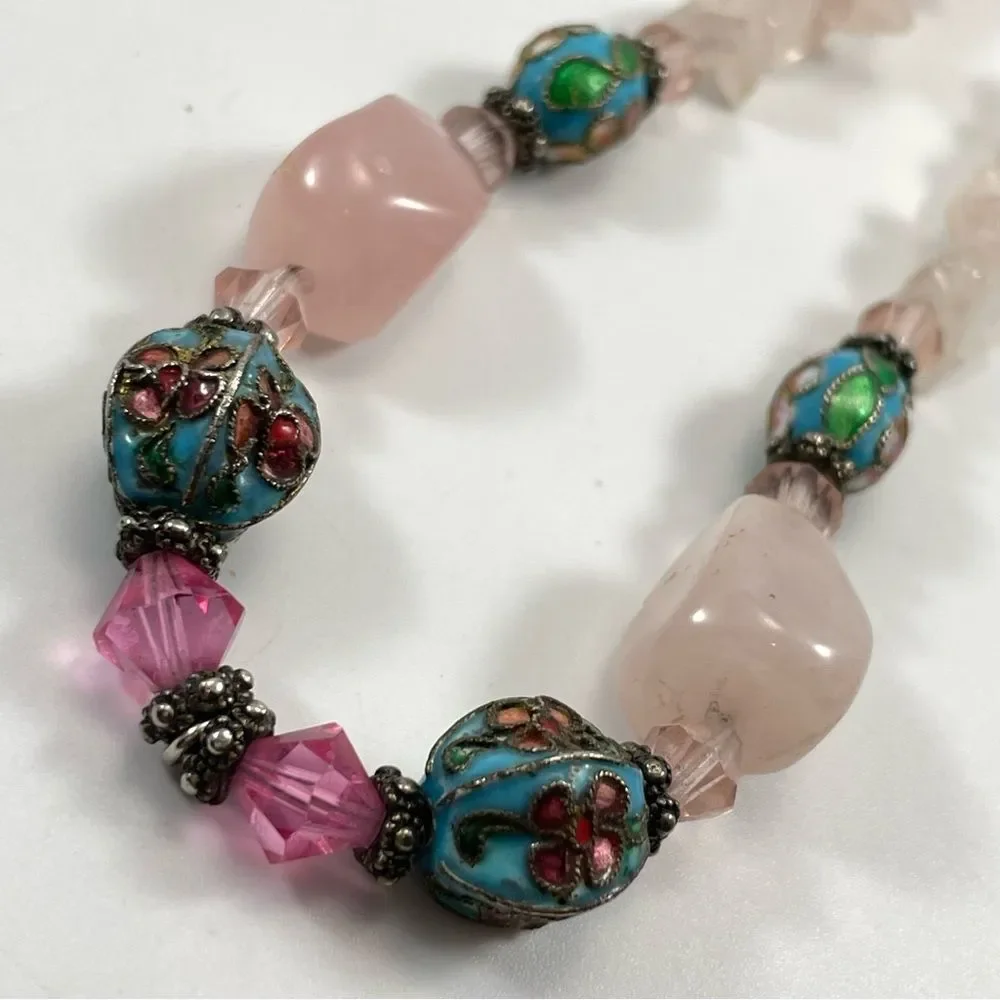 Rose Quartz Cloisonné Flower Beaded Necklace Stunning Unsigned Gemstone Unique - Picture 2 of 8
